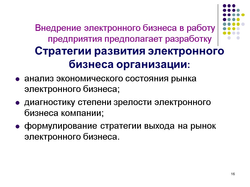 16 Внедрение электронного бизнеса в работу предприятия предполагает разработку Стратегии развития электронного бизнеса организации: 16 Внедрение электронного бизнеса в работу предприятия предполагает разработку Стратегии развития электронного бизнеса организации:
